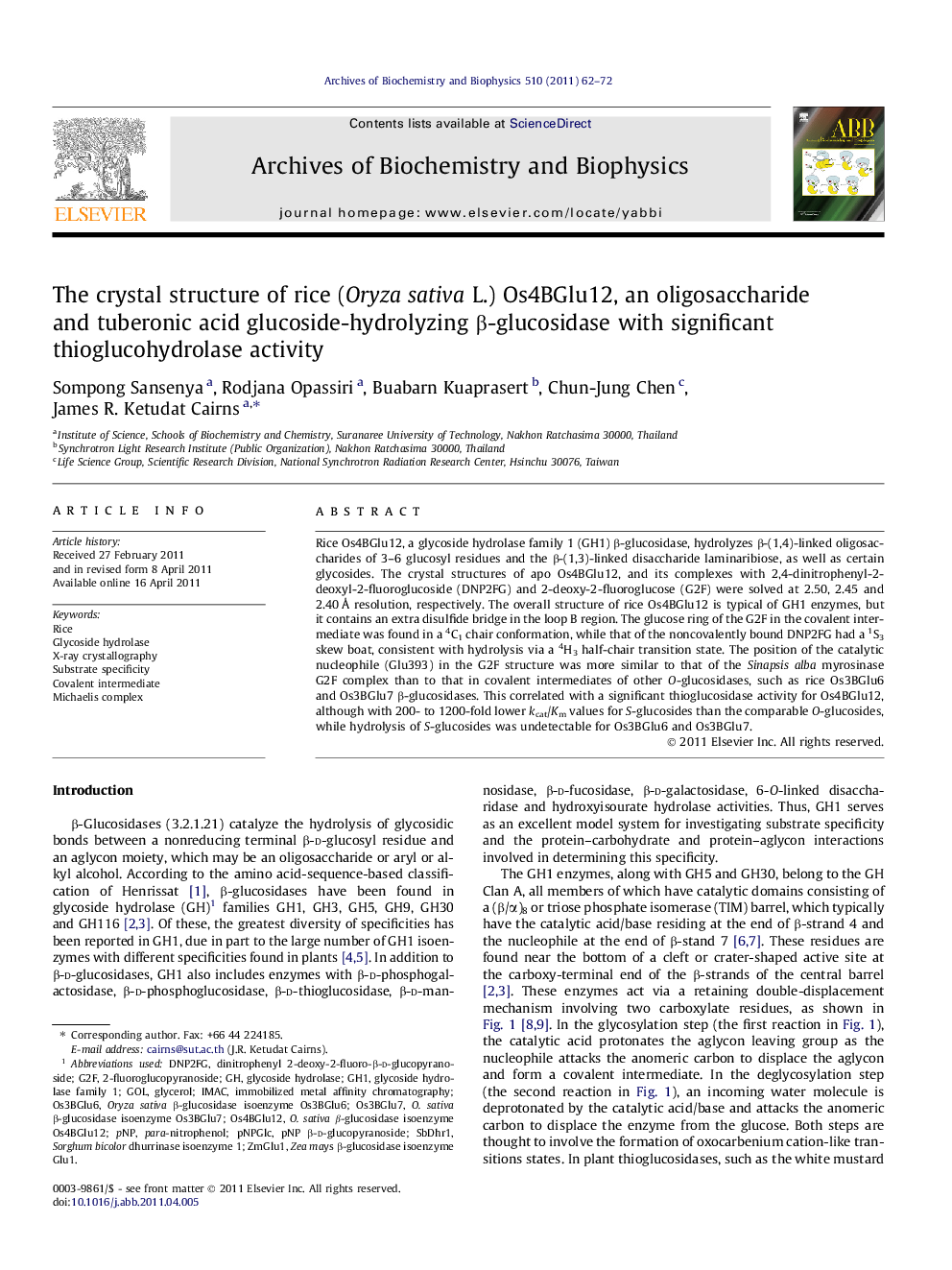 The crystal structure of rice (Oryza sativa L.) Os4BGlu12, an oligosaccharide and tuberonic acid glucoside-hydrolyzing Î²-glucosidase with significant thioglucohydrolase activity