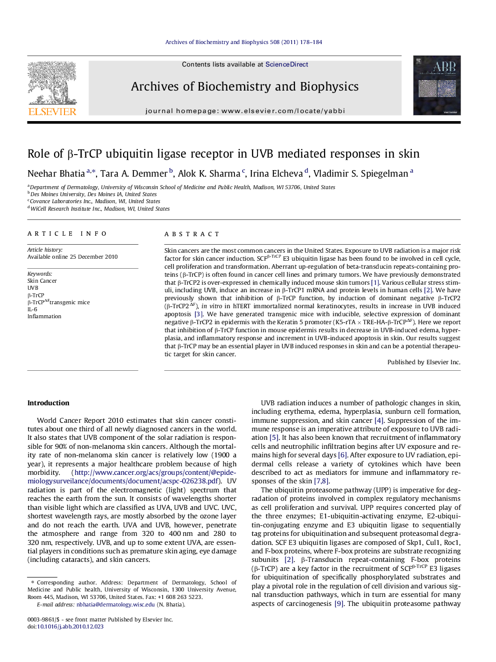 Role of β-TrCP ubiquitin ligase receptor in UVB mediated responses in skin