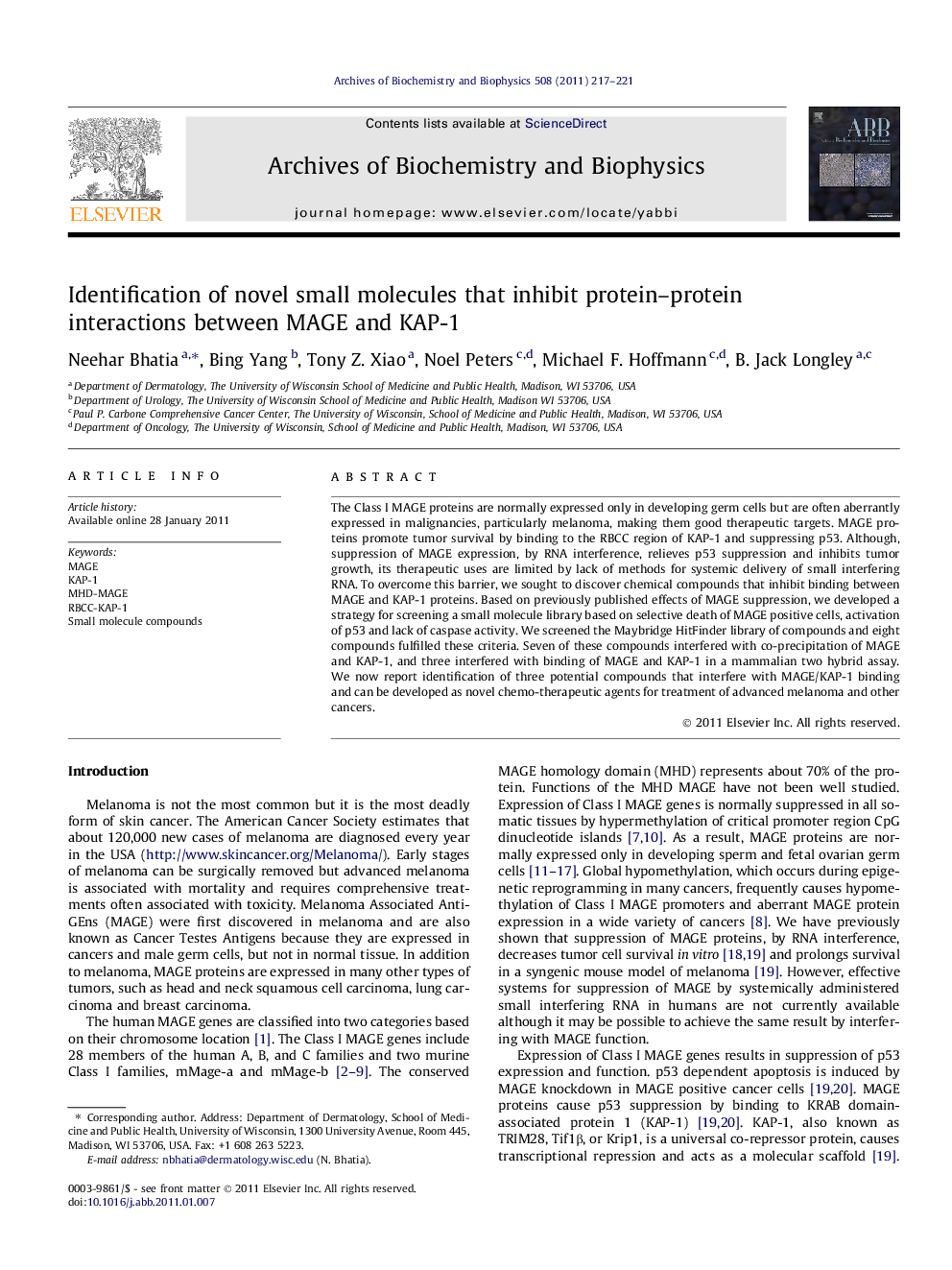 Identification of novel small molecules that inhibit protein–protein interactions between MAGE and KAP-1