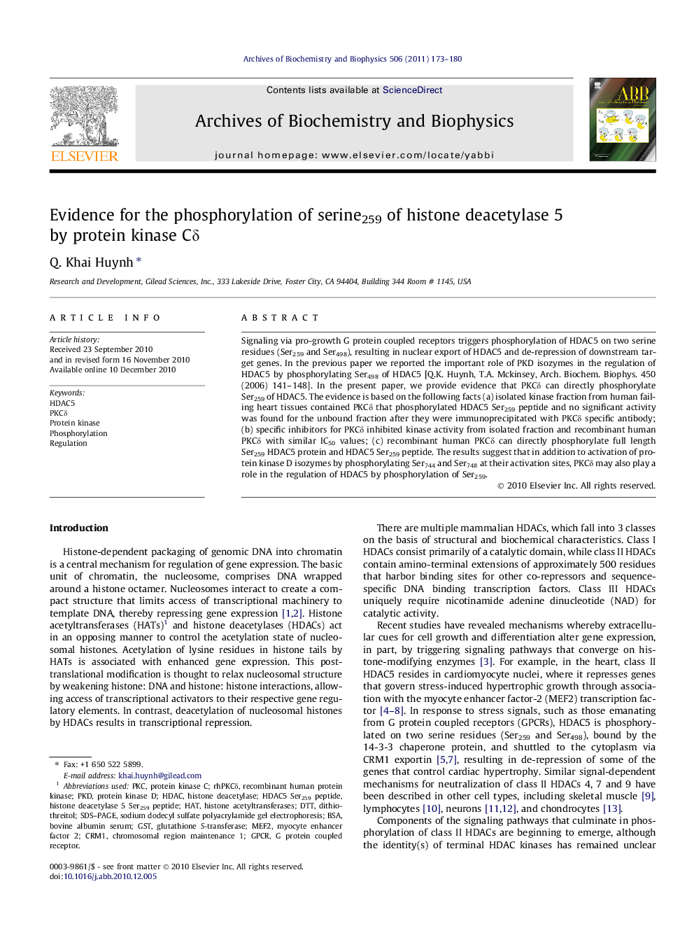 Evidence for the phosphorylation of serine259 of histone deacetylase 5 by protein kinase Cδ