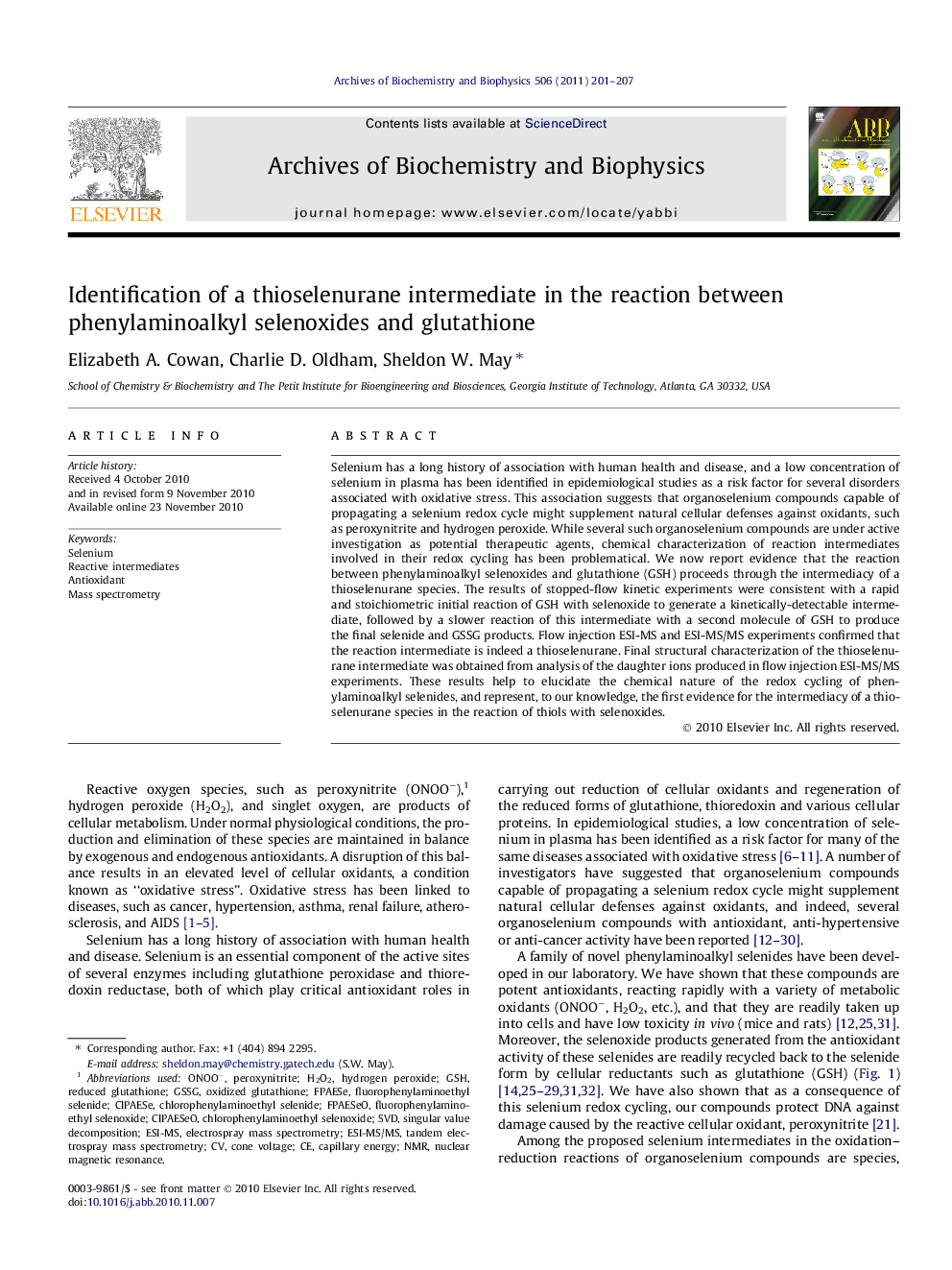 Identification of a thioselenurane intermediate in the reaction between phenylaminoalkyl selenoxides and glutathione