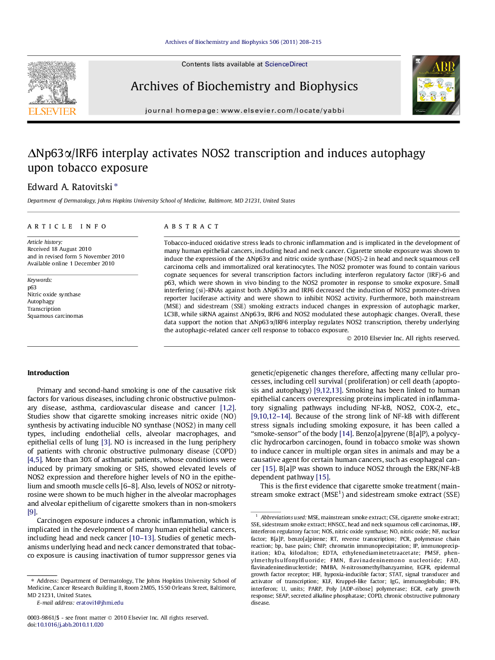 ΔNp63α/IRF6 interplay activates NOS2 transcription and induces autophagy upon tobacco exposure