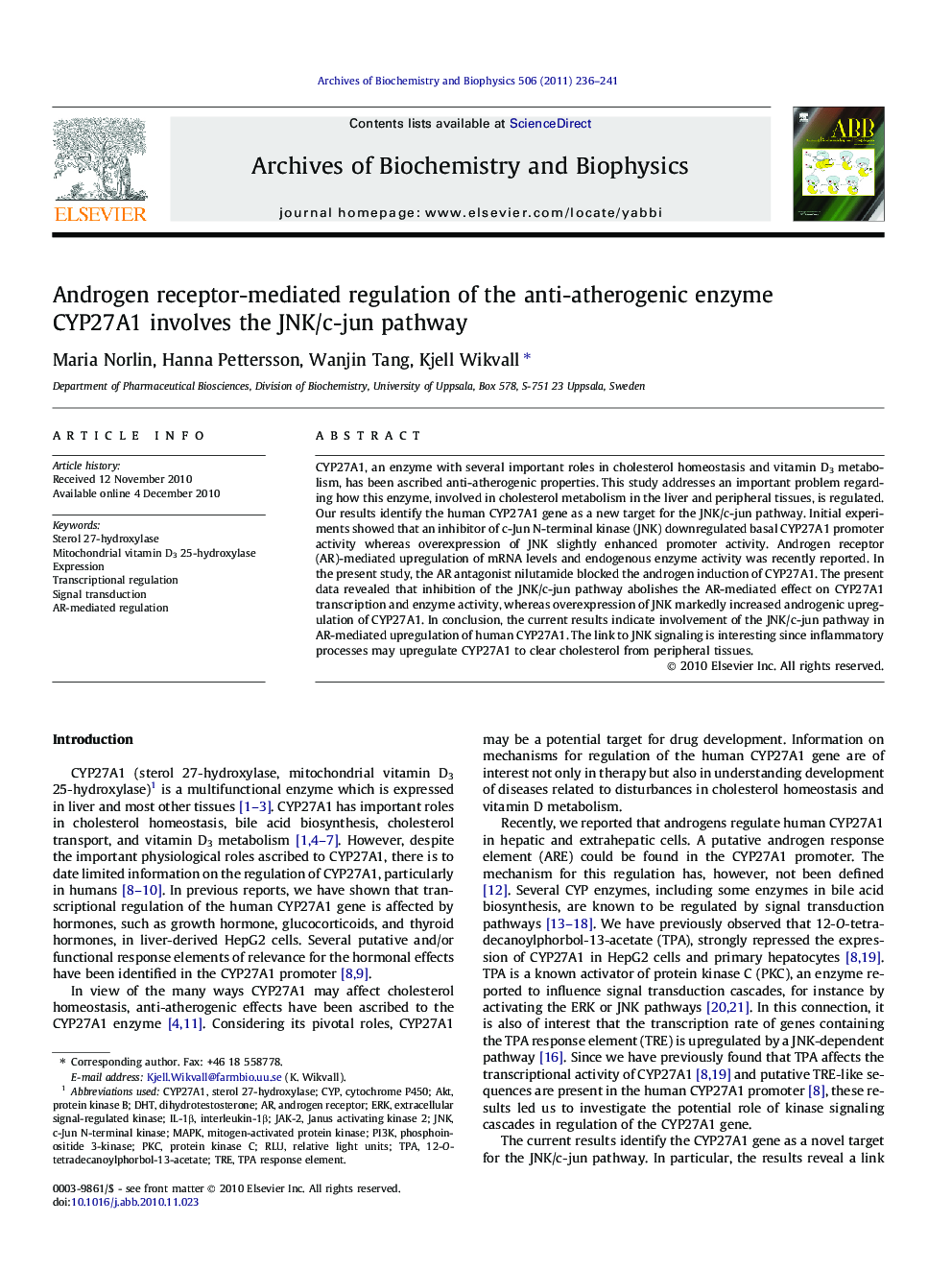 Androgen receptor-mediated regulation of the anti-atherogenic enzyme CYP27A1 involves the JNK/c-jun pathway