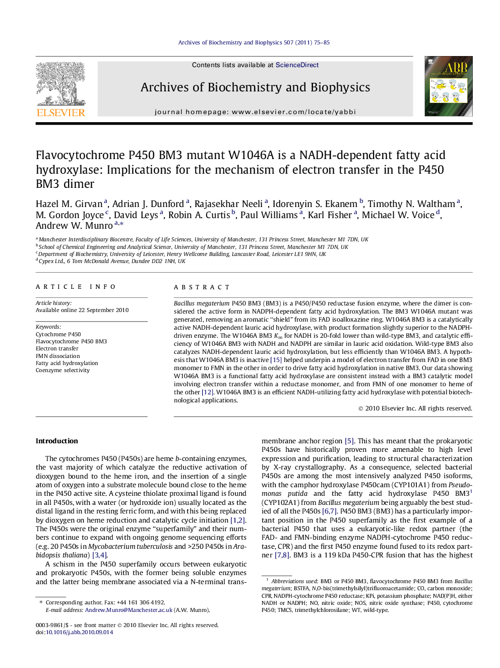 Flavocytochrome P450 BM3 mutant W1046A is a NADH-dependent fatty acid hydroxylase: Implications for the mechanism of electron transfer in the P450 BM3 dimer