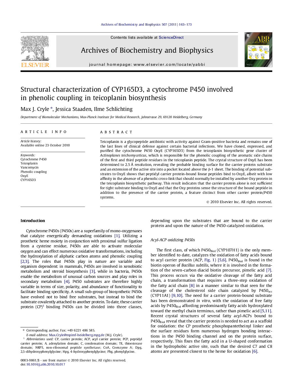 Structural characterization of CYP165D3, a cytochrome P450 involved in phenolic coupling in teicoplanin biosynthesis