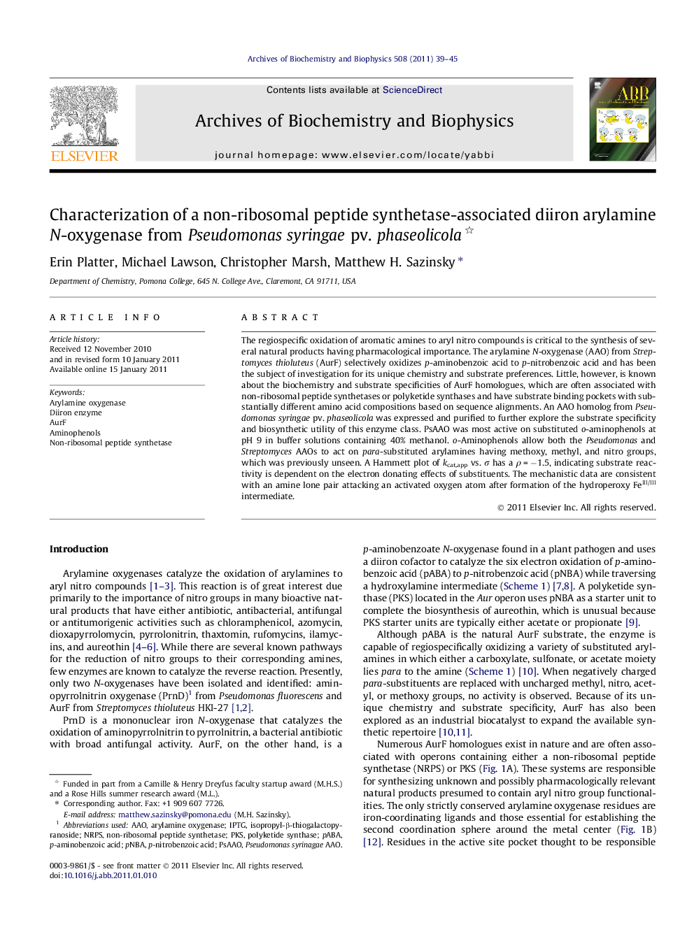 Characterization of a non-ribosomal peptide synthetase-associated diiron arylamine N-oxygenase from Pseudomonas syringae pv. phaseolicola 