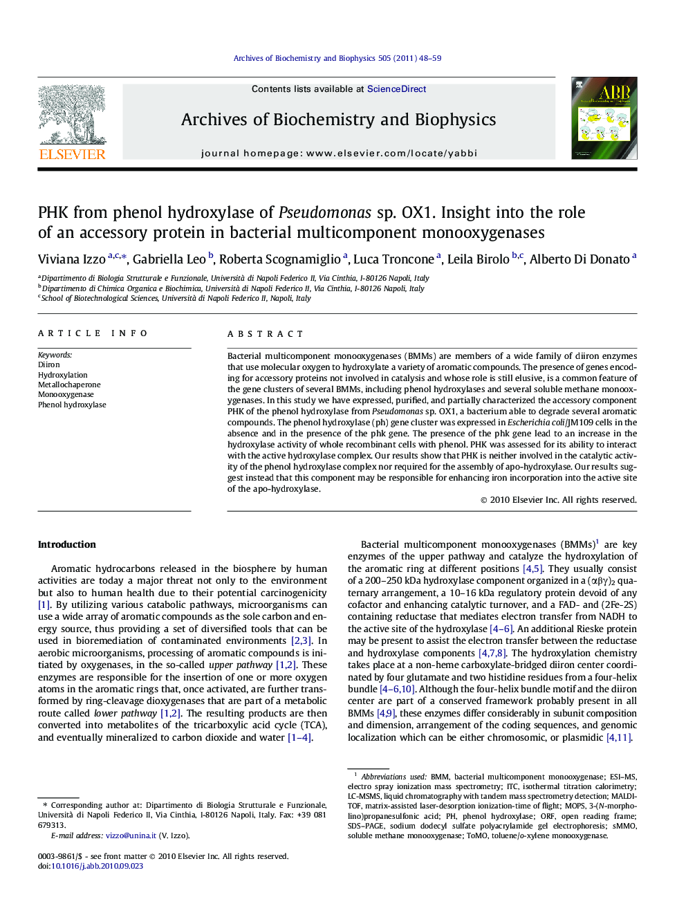 PHK from phenol hydroxylase of Pseudomonas sp. OX1. Insight into the role of an accessory protein in bacterial multicomponent monooxygenases