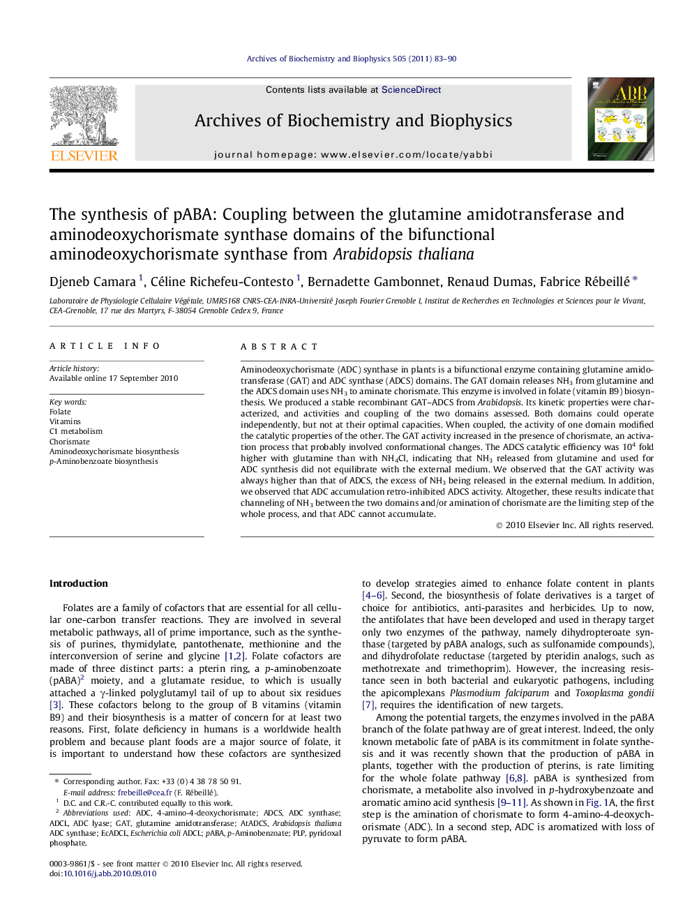 The synthesis of pABA: Coupling between the glutamine amidotransferase and aminodeoxychorismate synthase domains of the bifunctional aminodeoxychorismate synthase from Arabidopsis thaliana