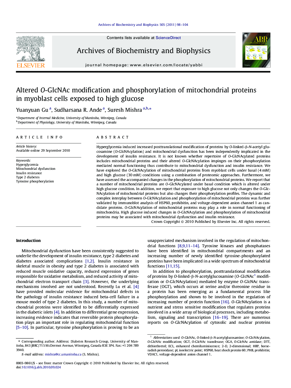 Altered O-GlcNAc modification and phosphorylation of mitochondrial proteins in myoblast cells exposed to high glucose