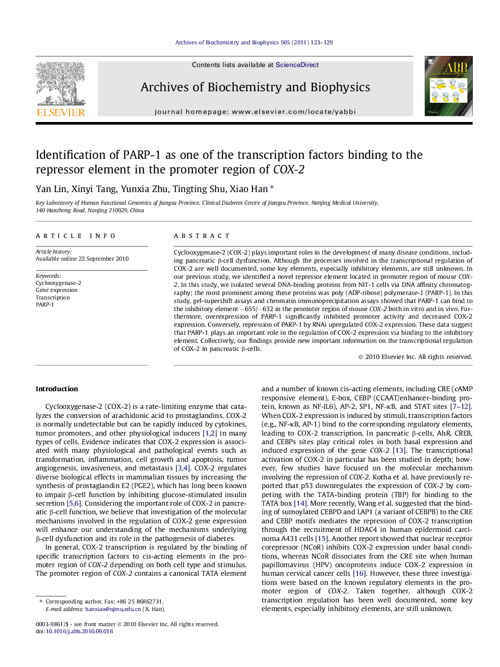 Identification of PARP-1 as one of the transcription factors binding to the repressor element in the promoter region of COX-2