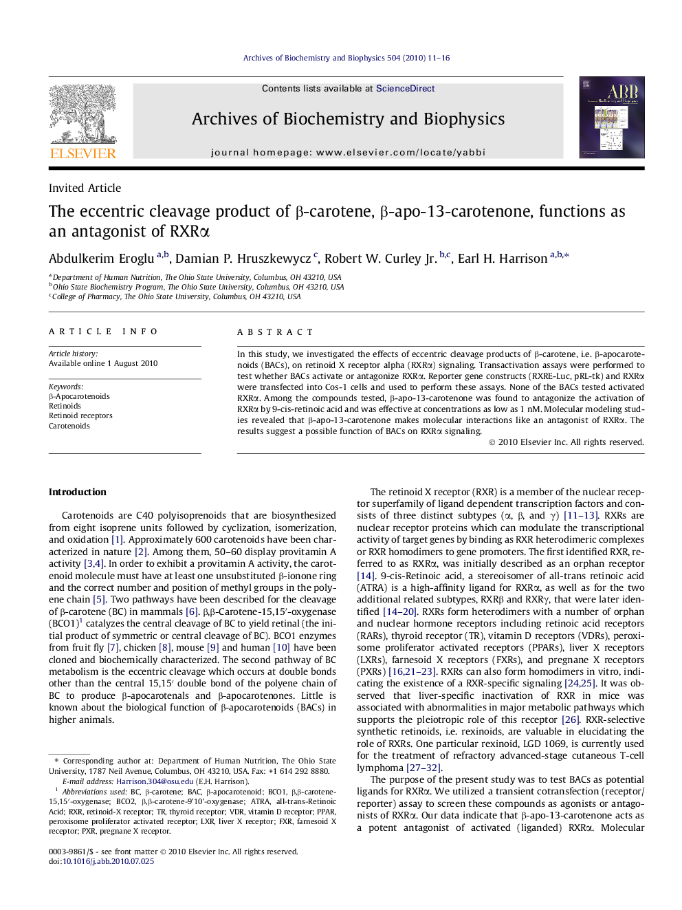 The eccentric cleavage product of β-carotene, β-apo-13-carotenone, functions as an antagonist of RXRα