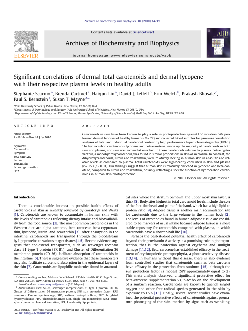 Significant correlations of dermal total carotenoids and dermal lycopene with their respective plasma levels in healthy adults