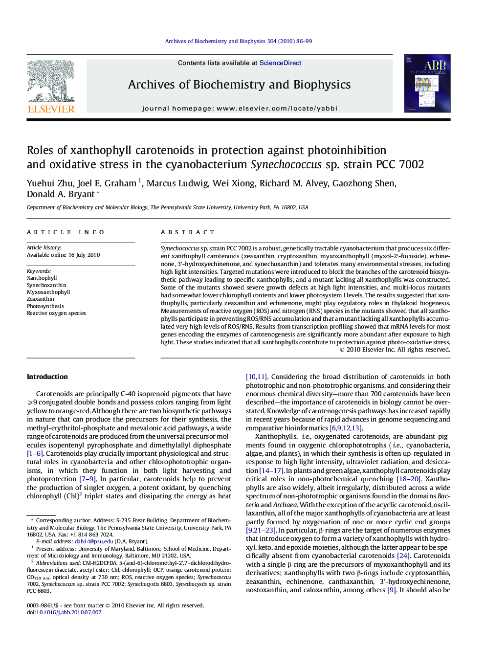 Roles of xanthophyll carotenoids in protection against photoinhibition and oxidative stress in the cyanobacterium Synechococcus sp. strain PCC 7002