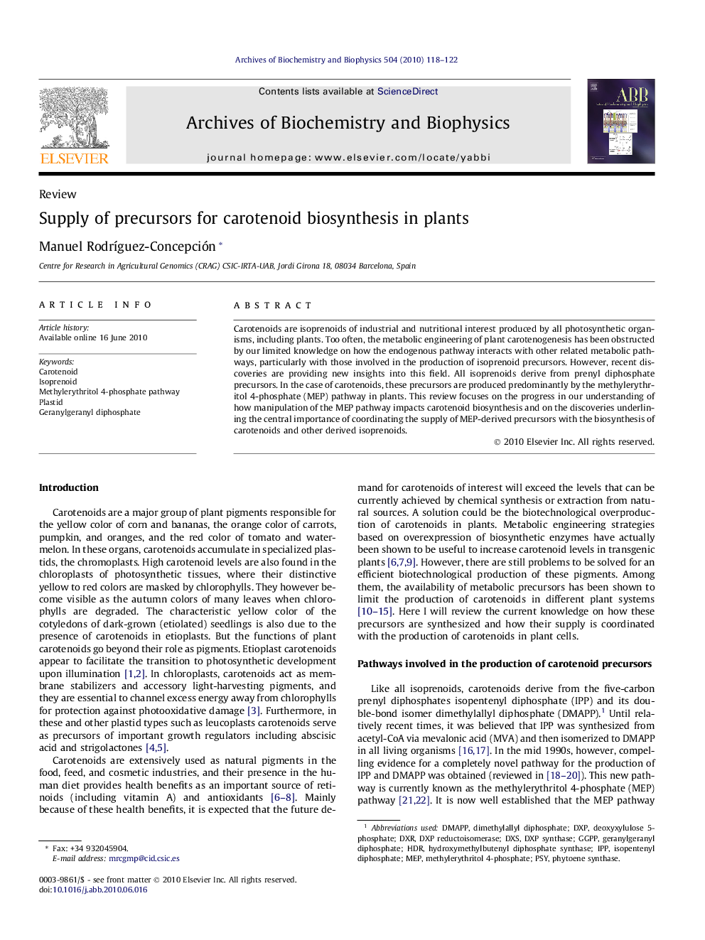 عکس صفحه اول مقاله: Supply of precursors for carotenoid biosynthesis in plants Supply of precursors for carotenoid biosynthesis in plants