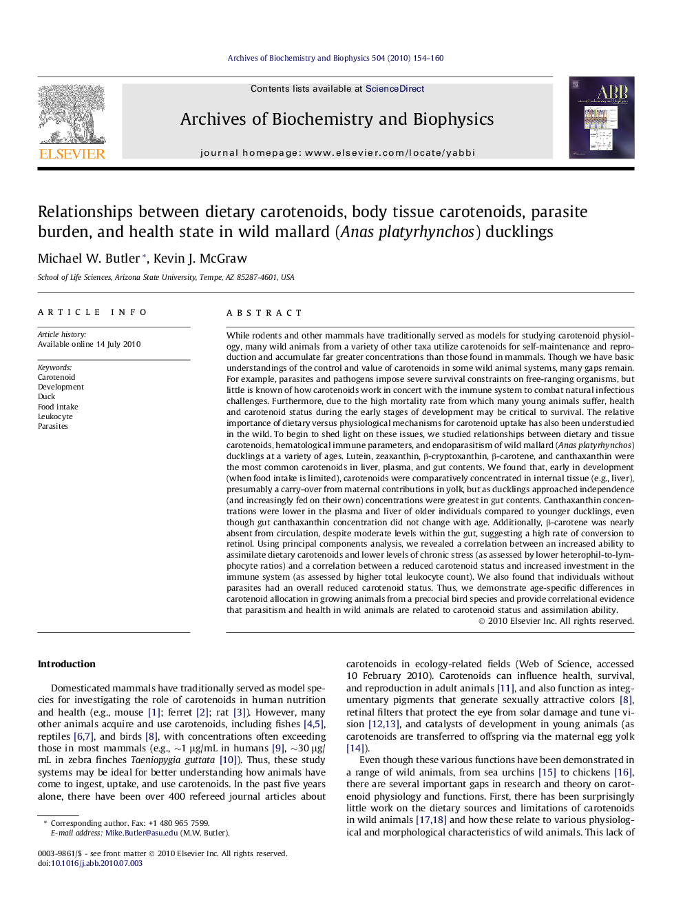 Relationships between dietary carotenoids, body tissue carotenoids, parasite burden, and health state in wild mallard (Anas platyrhynchos) ducklings