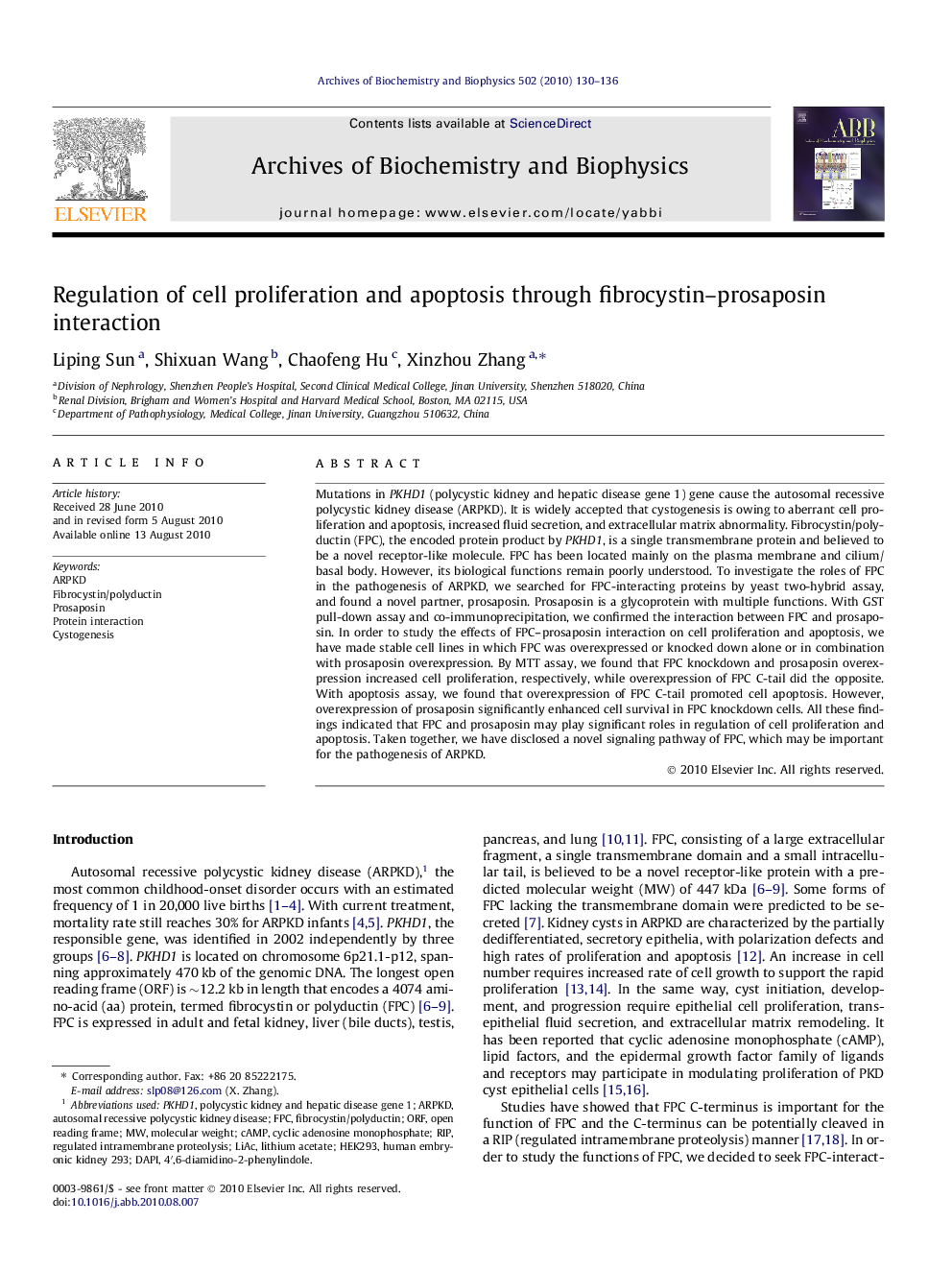 Regulation of cell proliferation and apoptosis through fibrocystin–prosaposin interaction