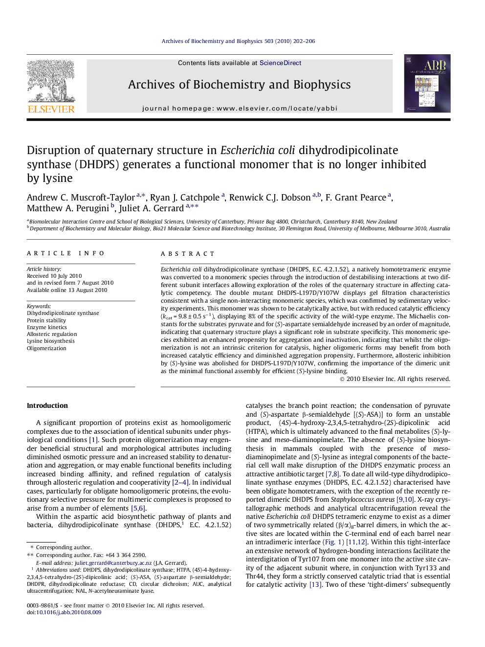 Disruption of quaternary structure in Escherichia coli dihydrodipicolinate synthase (DHDPS) generates a functional monomer that is no longer inhibited by lysine