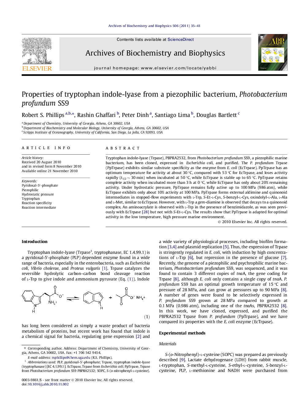 Properties of tryptophan indole-lyase from a piezophilic bacterium, Photobacterium profundum SS9