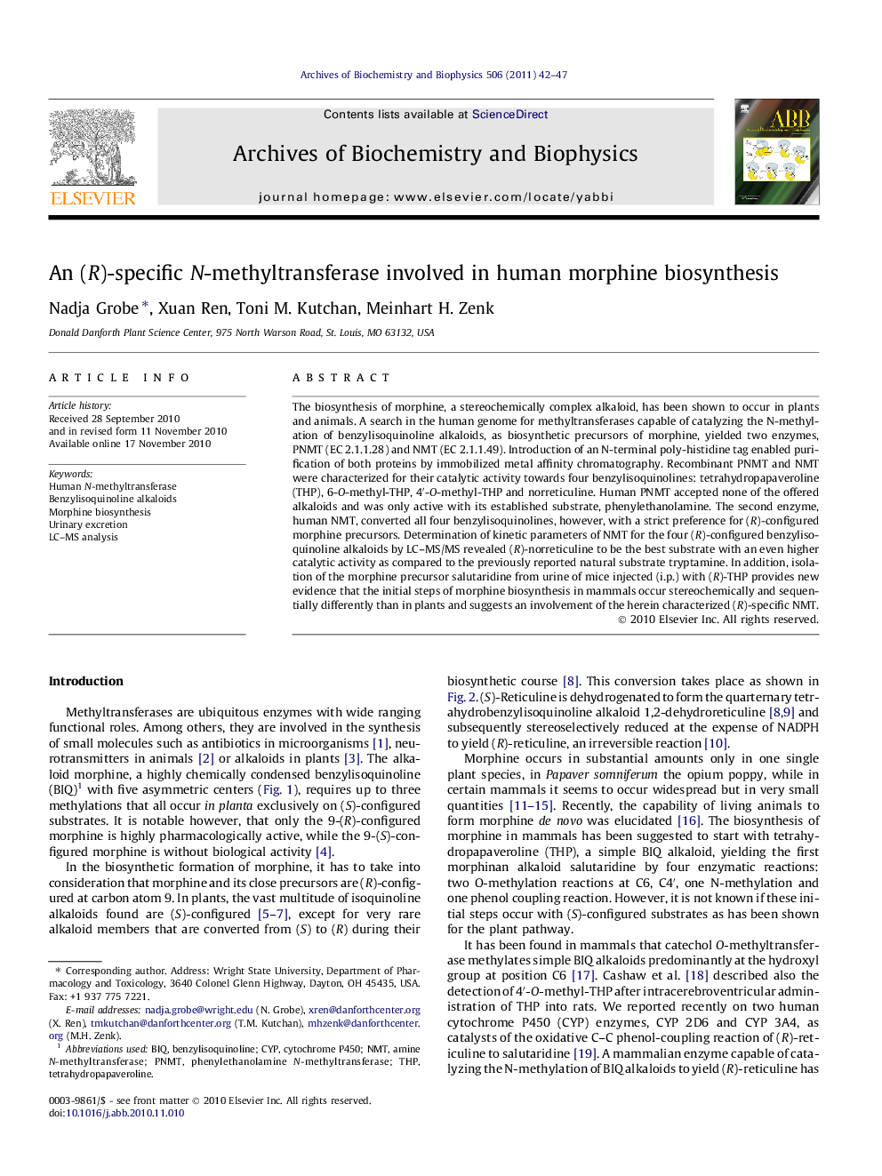 An (R)-specific N-methyltransferase involved in human morphine biosynthesis