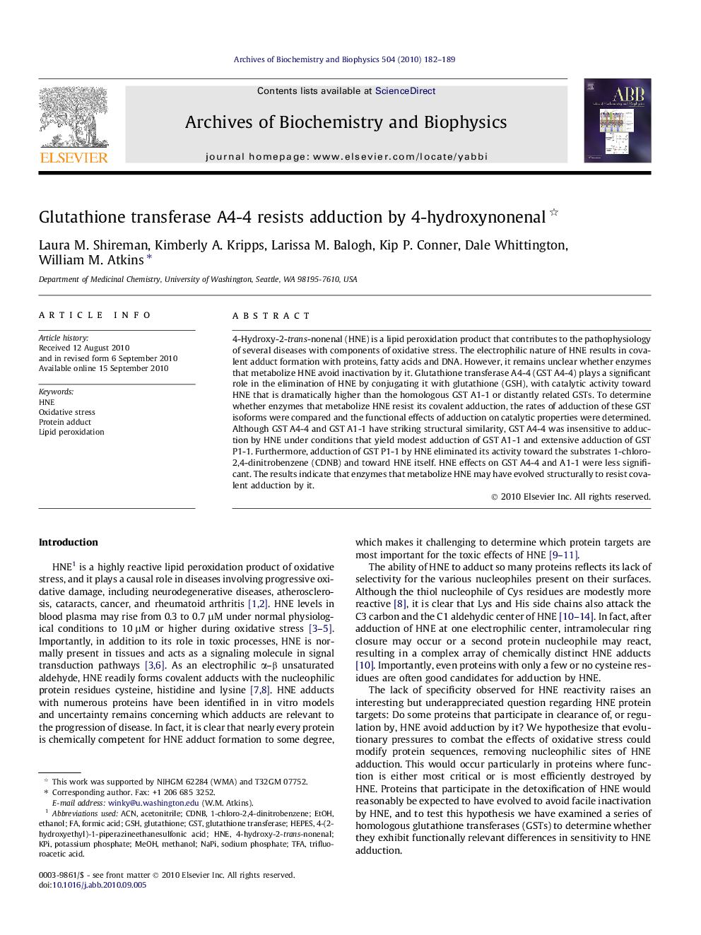 Glutathione transferase A4-4 resists adduction by 4-hydroxynonenal 