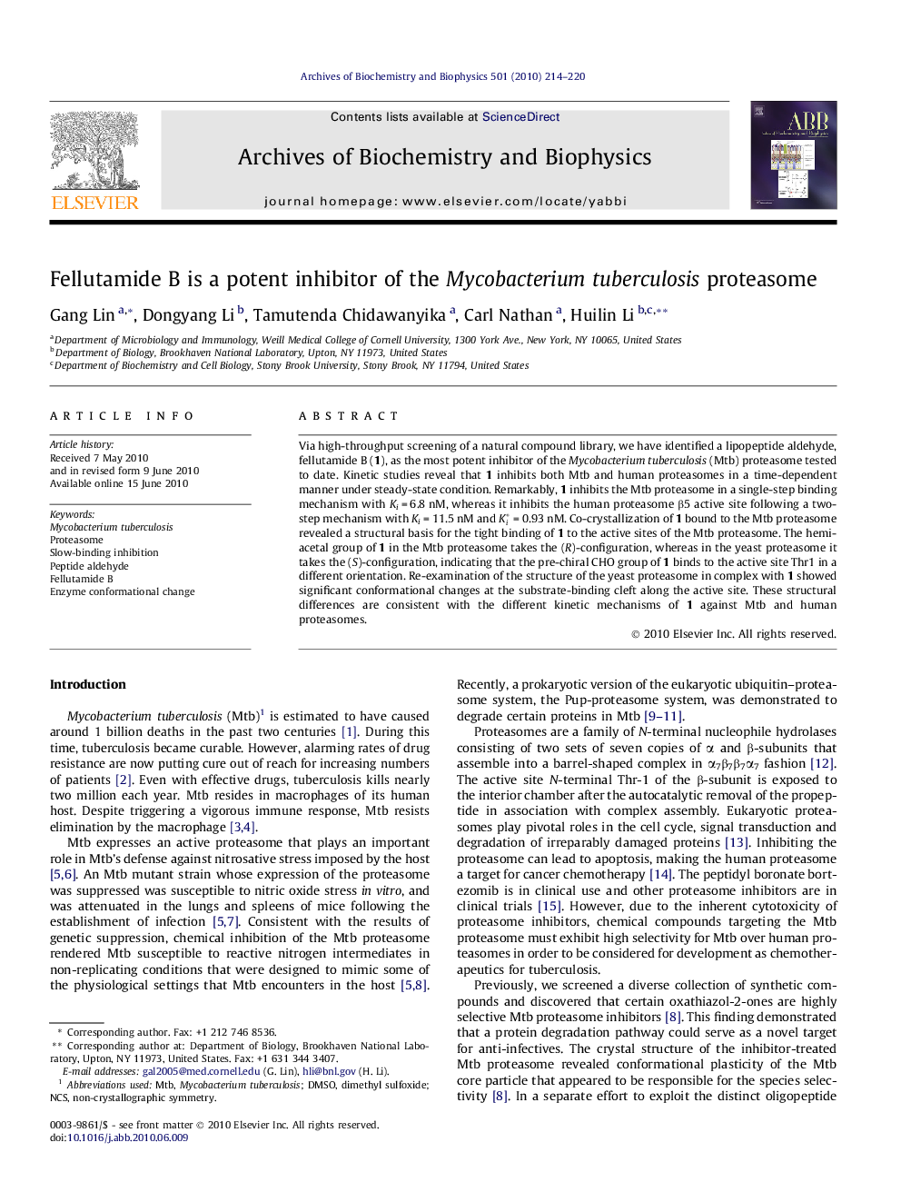 Fellutamide B is a potent inhibitor of the Mycobacterium tuberculosis proteasome