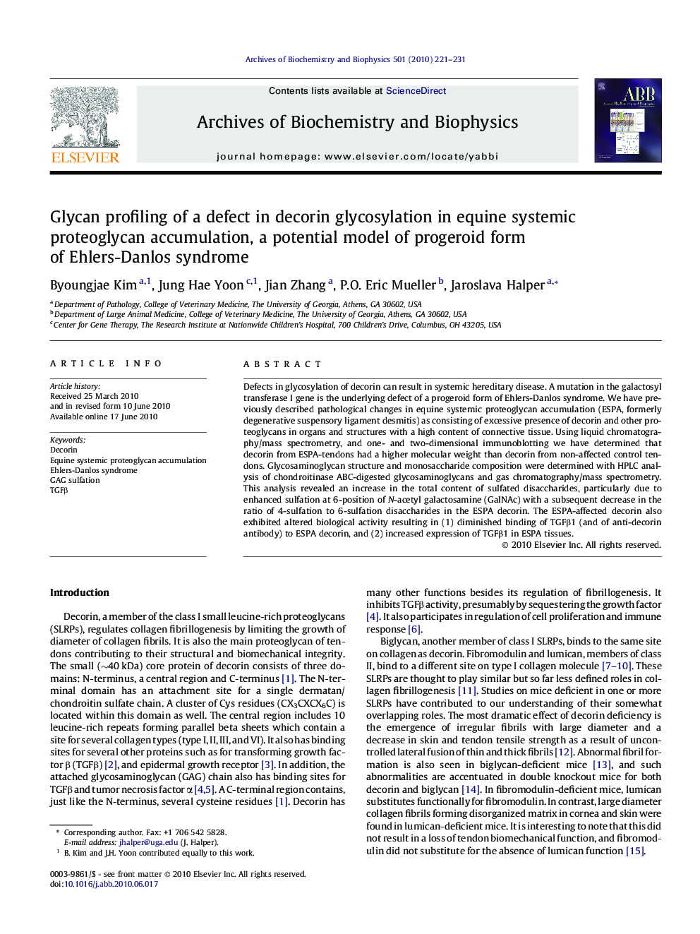 Glycan profiling of a defect in decorin glycosylation in equine systemic proteoglycan accumulation, a potential model of progeroid form of Ehlers-Danlos syndrome