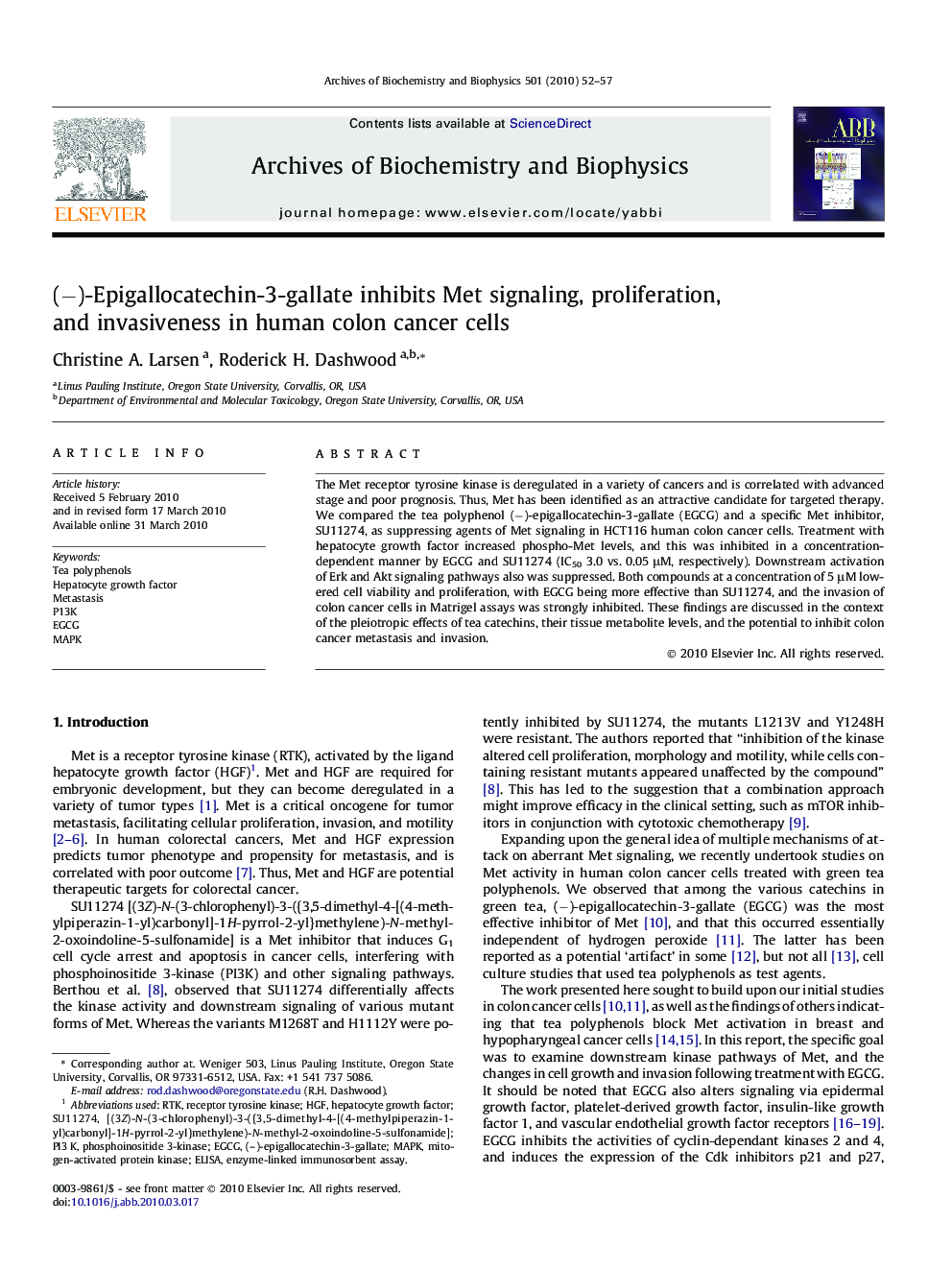 (−)-Epigallocatechin-3-gallate inhibits Met signaling, proliferation, and invasiveness in human colon cancer cells