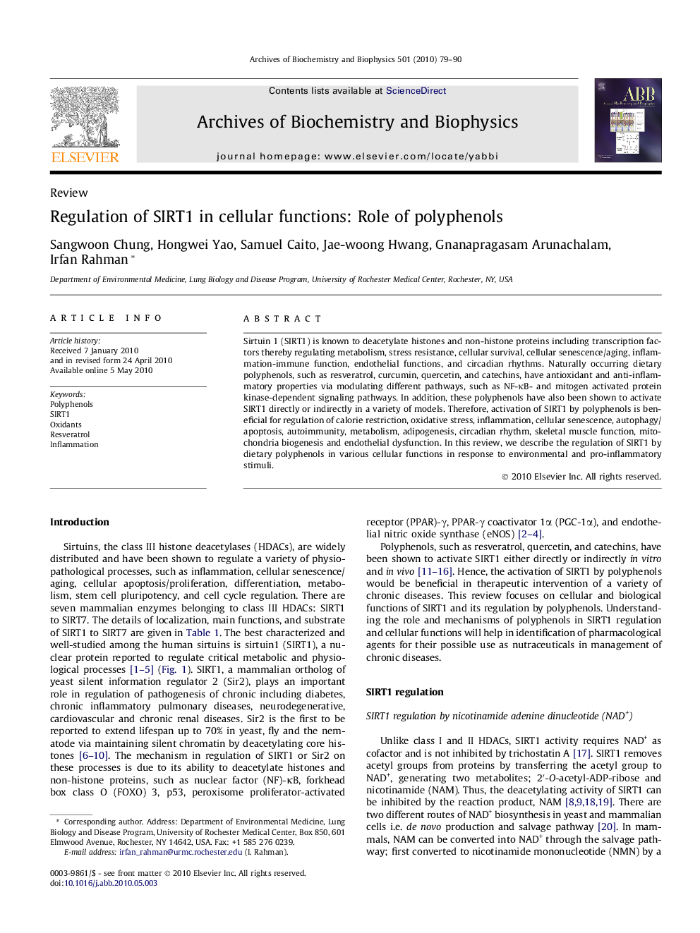 Regulation of SIRT1 in cellular functions: Role of polyphenols