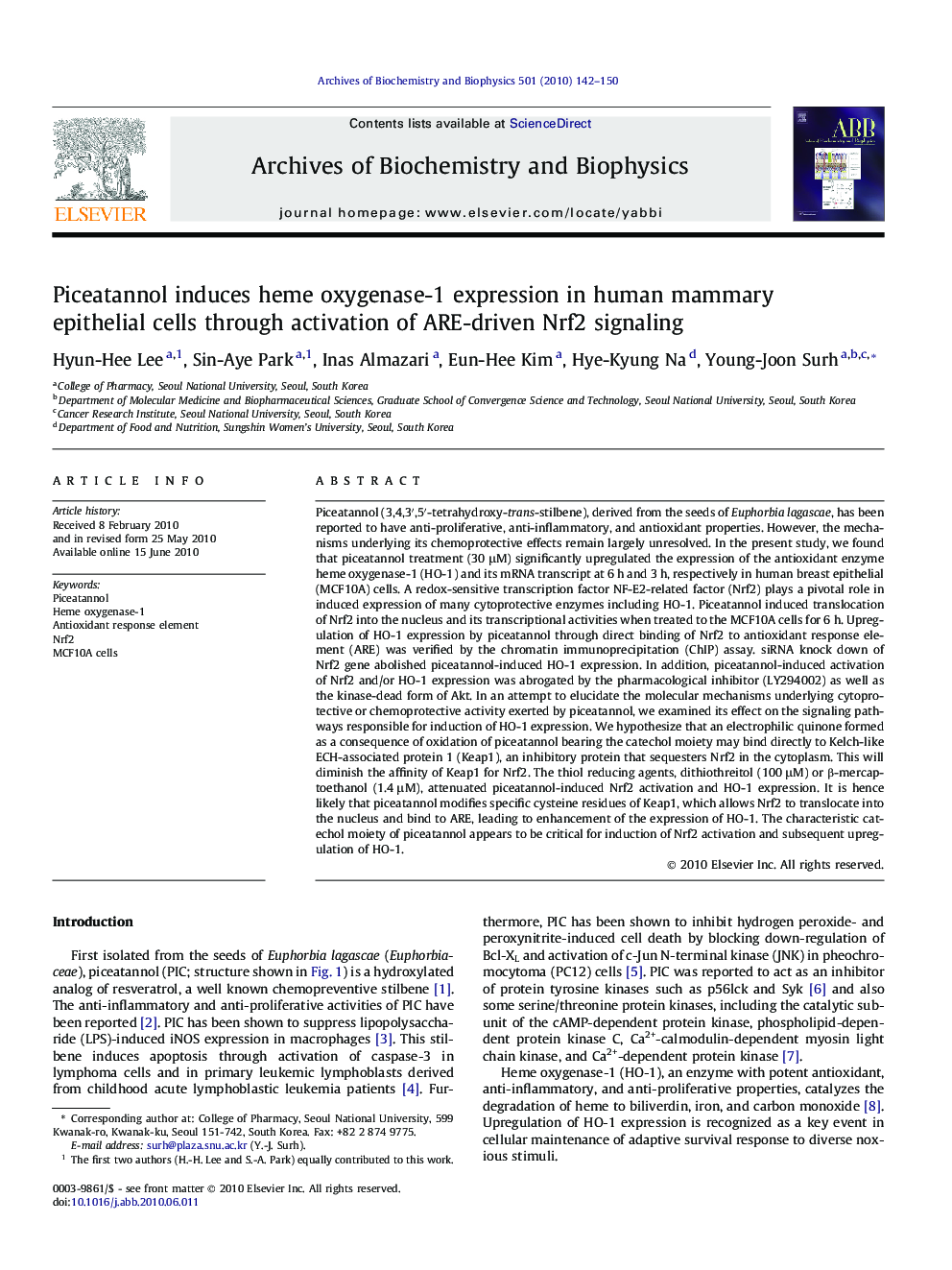 Piceatannol induces heme oxygenase-1 expression in human mammary epithelial cells through activation of ARE-driven Nrf2 signaling