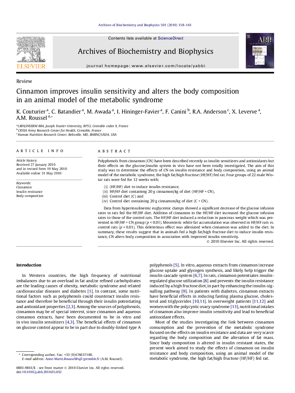 Cinnamon improves insulin sensitivity and alters the body composition in an animal model of the metabolic syndrome