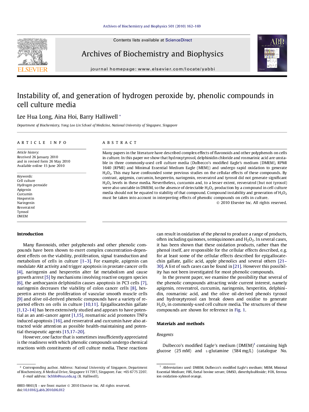 Instability of, and generation of hydrogen peroxide by, phenolic compounds in cell culture media