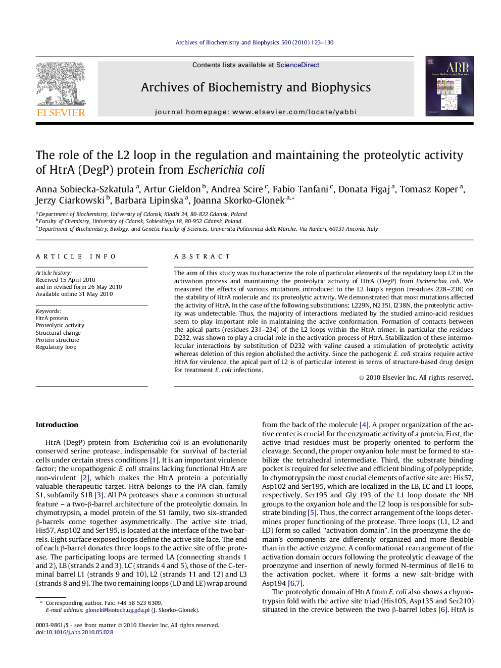 The role of the L2 loop in the regulation and maintaining the proteolytic activity of HtrA (DegP) protein from Escherichia coli