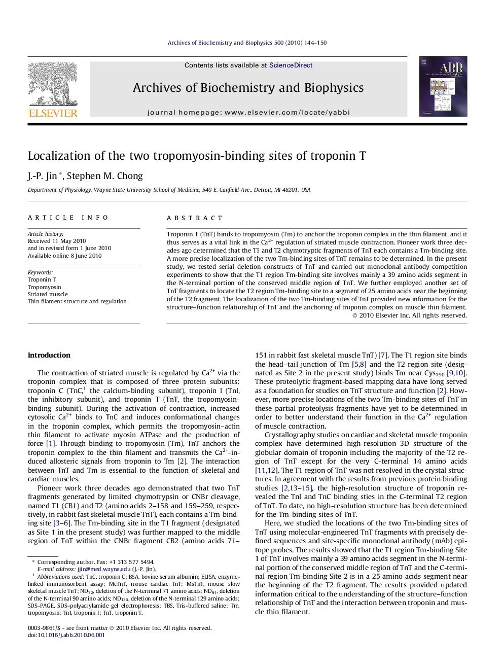 Localization of the two tropomyosin-binding sites of troponin T