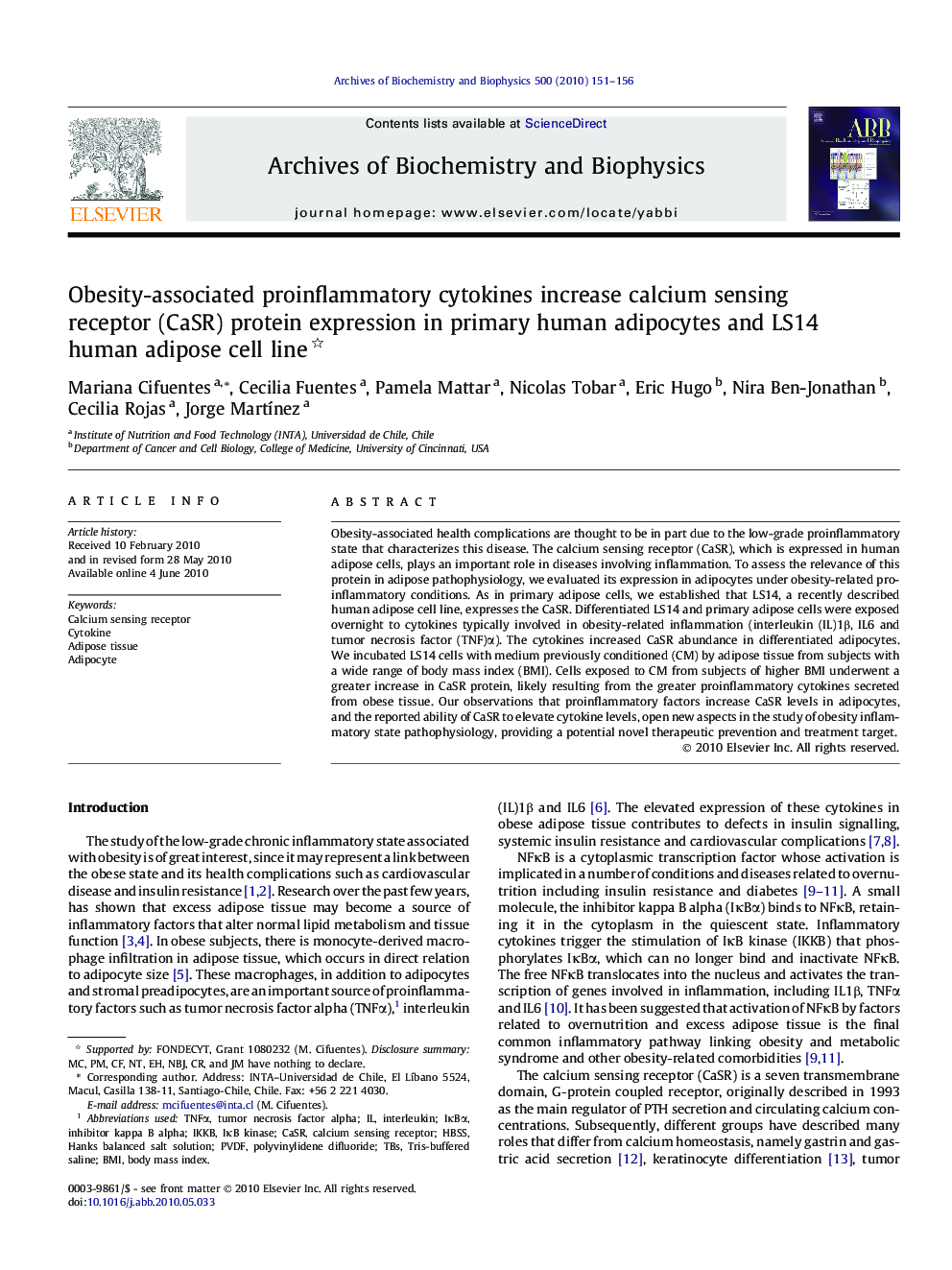 Obesity-associated proinflammatory cytokines increase calcium sensing receptor (CaSR) protein expression in primary human adipocytes and LS14 human adipose cell line 