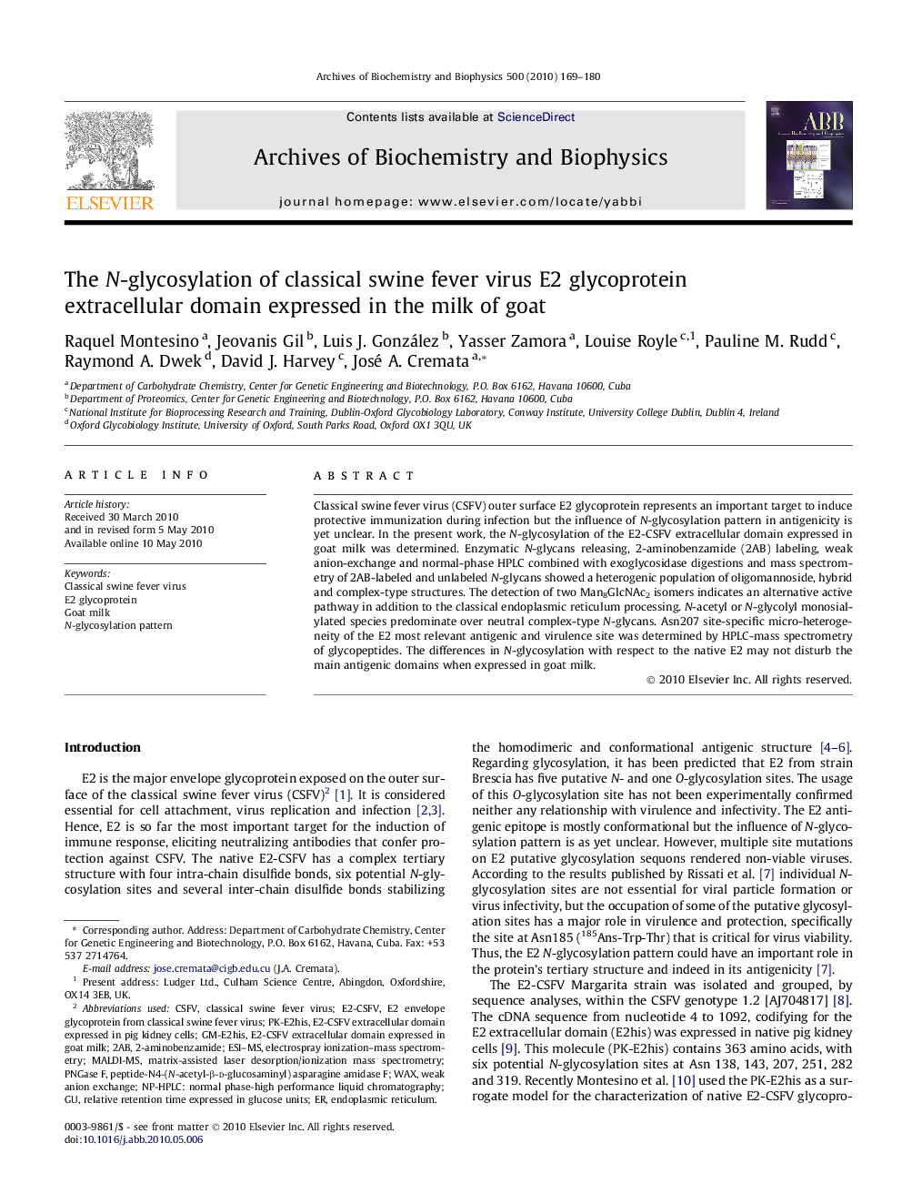 The N-glycosylation of classical swine fever virus E2 glycoprotein extracellular domain expressed in the milk of goat