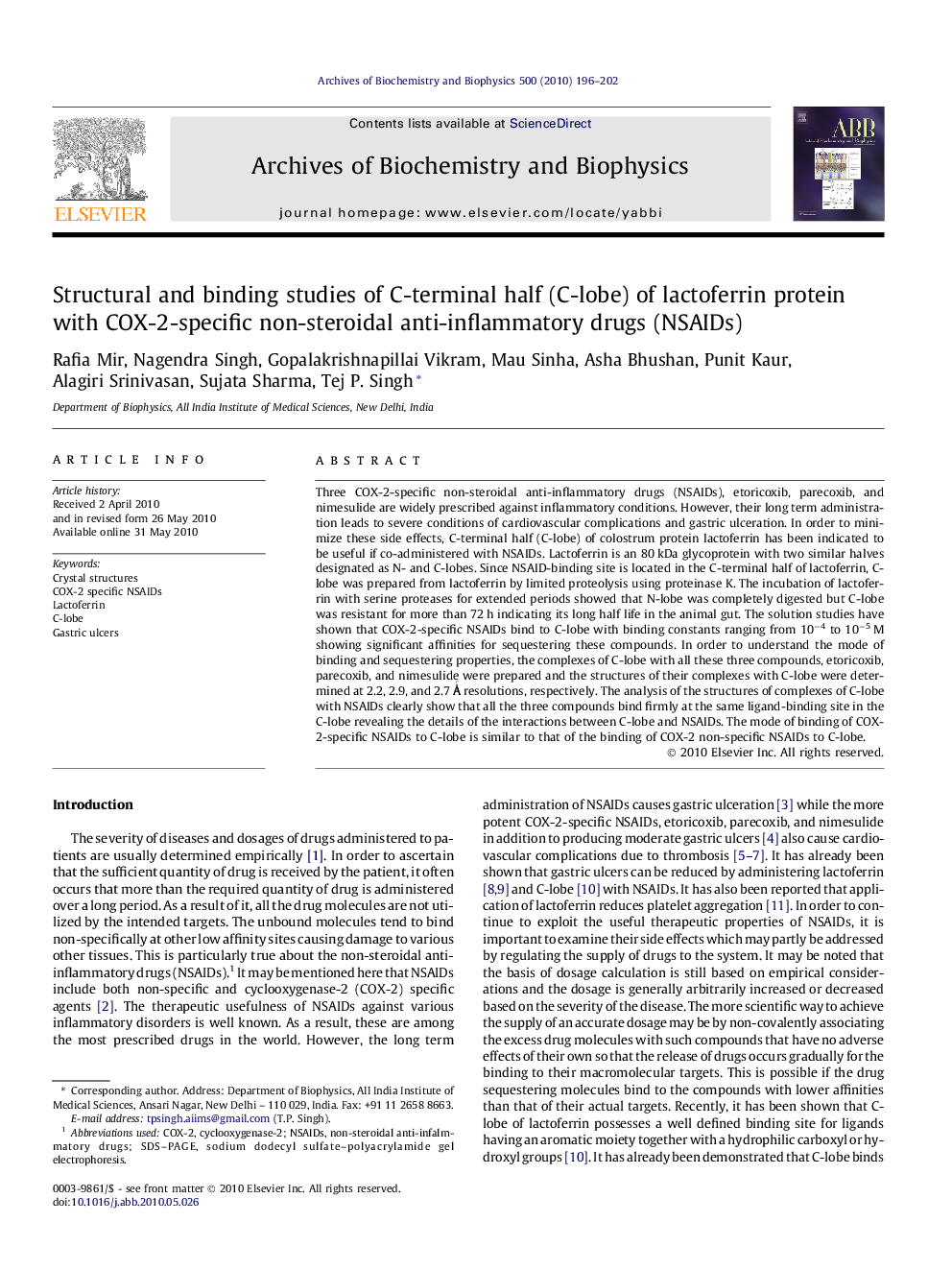 Structural and binding studies of C-terminal half (C-lobe) of lactoferrin protein with COX-2-specific non-steroidal anti-inflammatory drugs (NSAIDs)