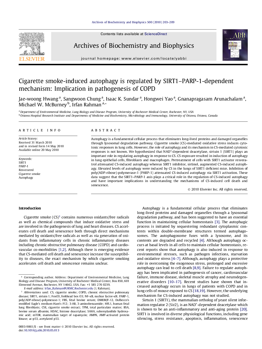 Cigarette smoke-induced autophagy is regulated by SIRT1–PARP-1-dependent mechanism: Implication in pathogenesis of COPD