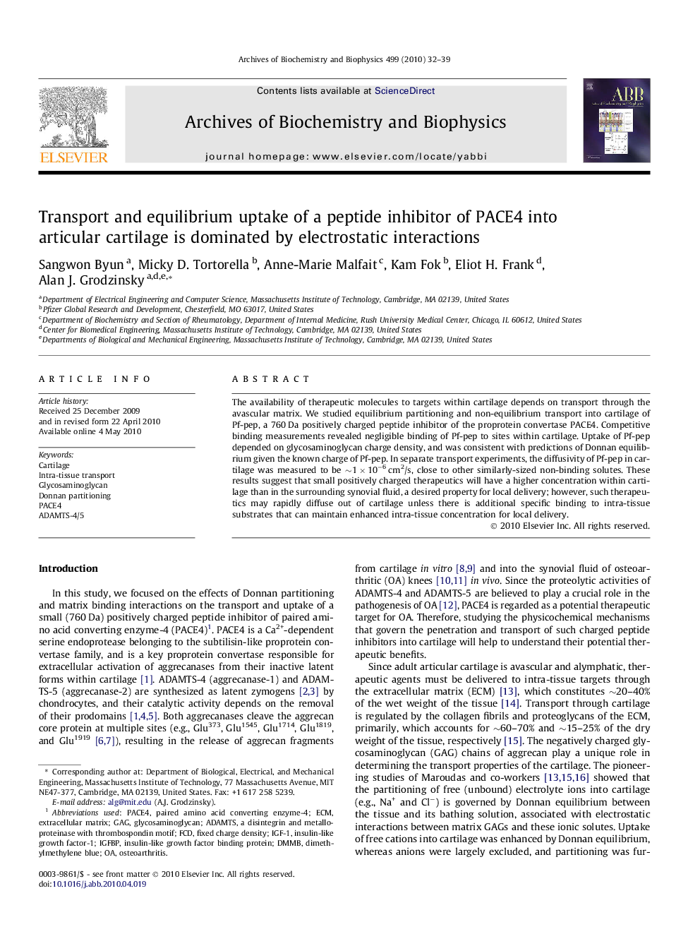 Transport and equilibrium uptake of a peptide inhibitor of PACE4 into articular cartilage is dominated by electrostatic interactions