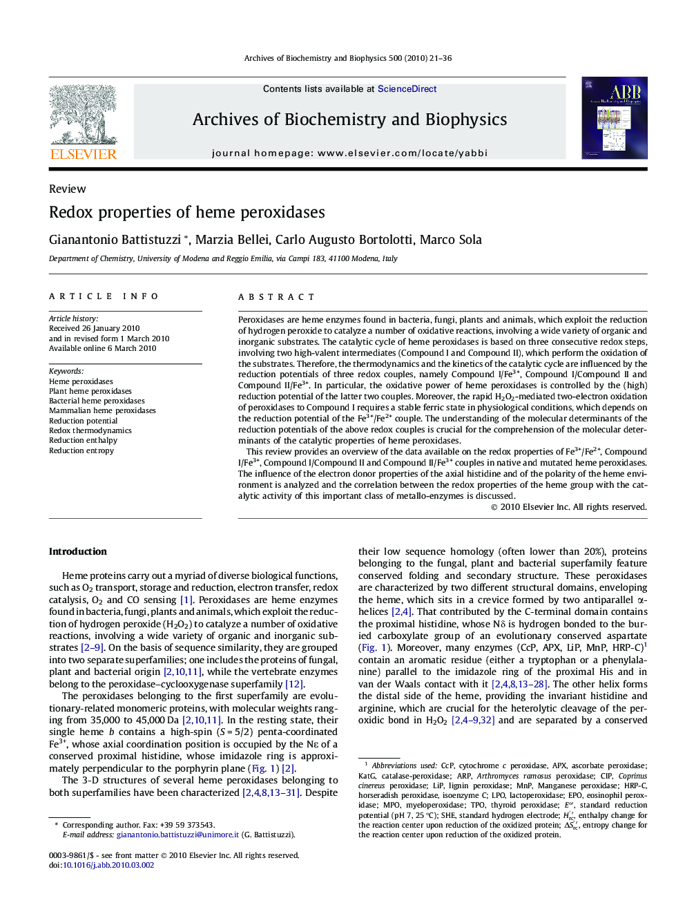 Redox properties of heme peroxidases