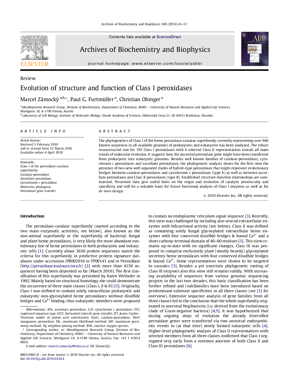 Evolution of structure and function of Class I peroxidases