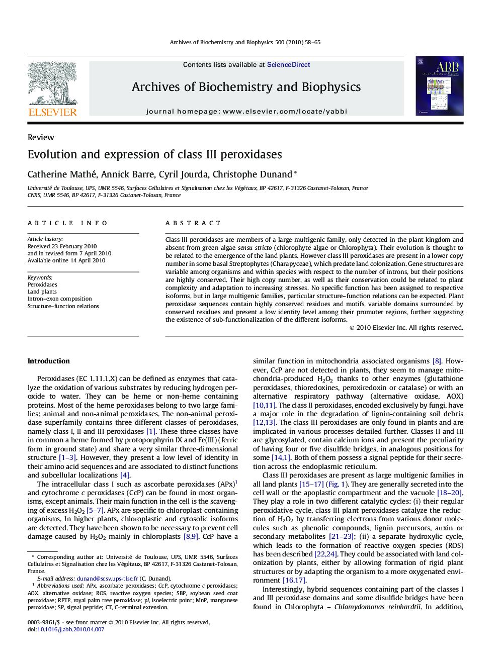 Evolution and expression of class III peroxidases