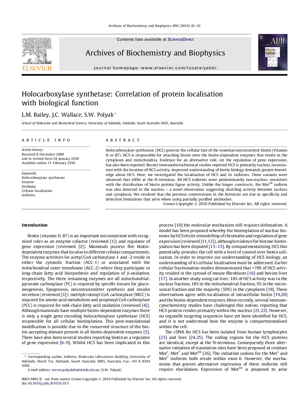 Holocarboxylase synthetase: Correlation of protein localisation with biological function