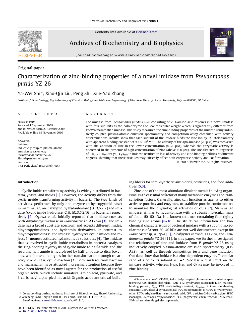 Characterization of zinc-binding properties of a novel imidase from Pseudomonas putida YZ-26