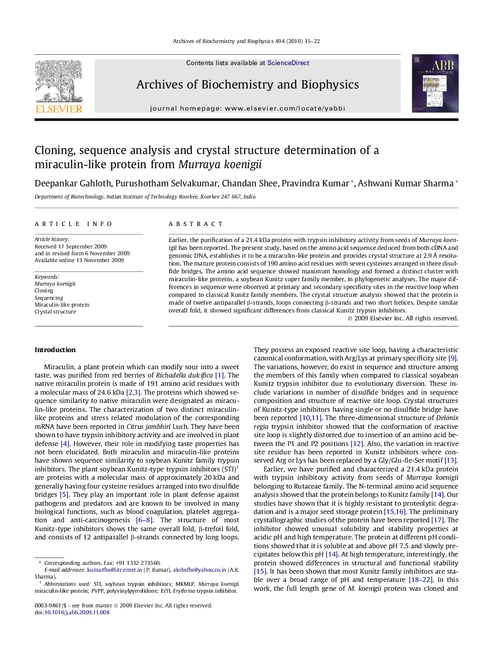 Cloning, sequence analysis and crystal structure determination of a miraculin-like protein from Murraya koenigii