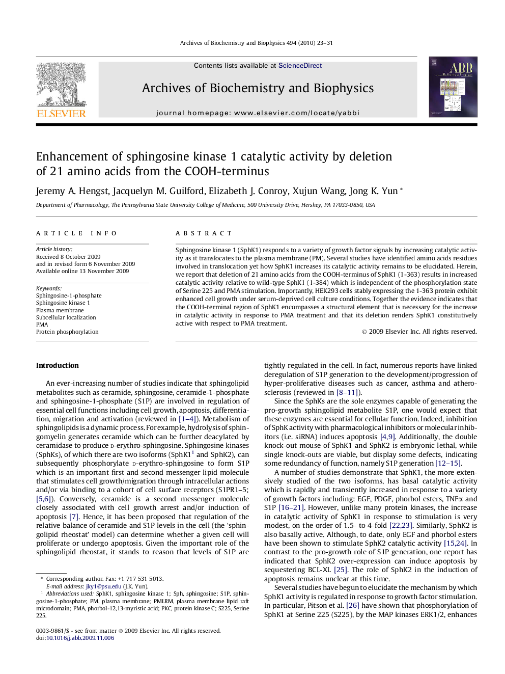 Enhancement of sphingosine kinase 1 catalytic activity by deletion of 21 amino acids from the COOH-terminus