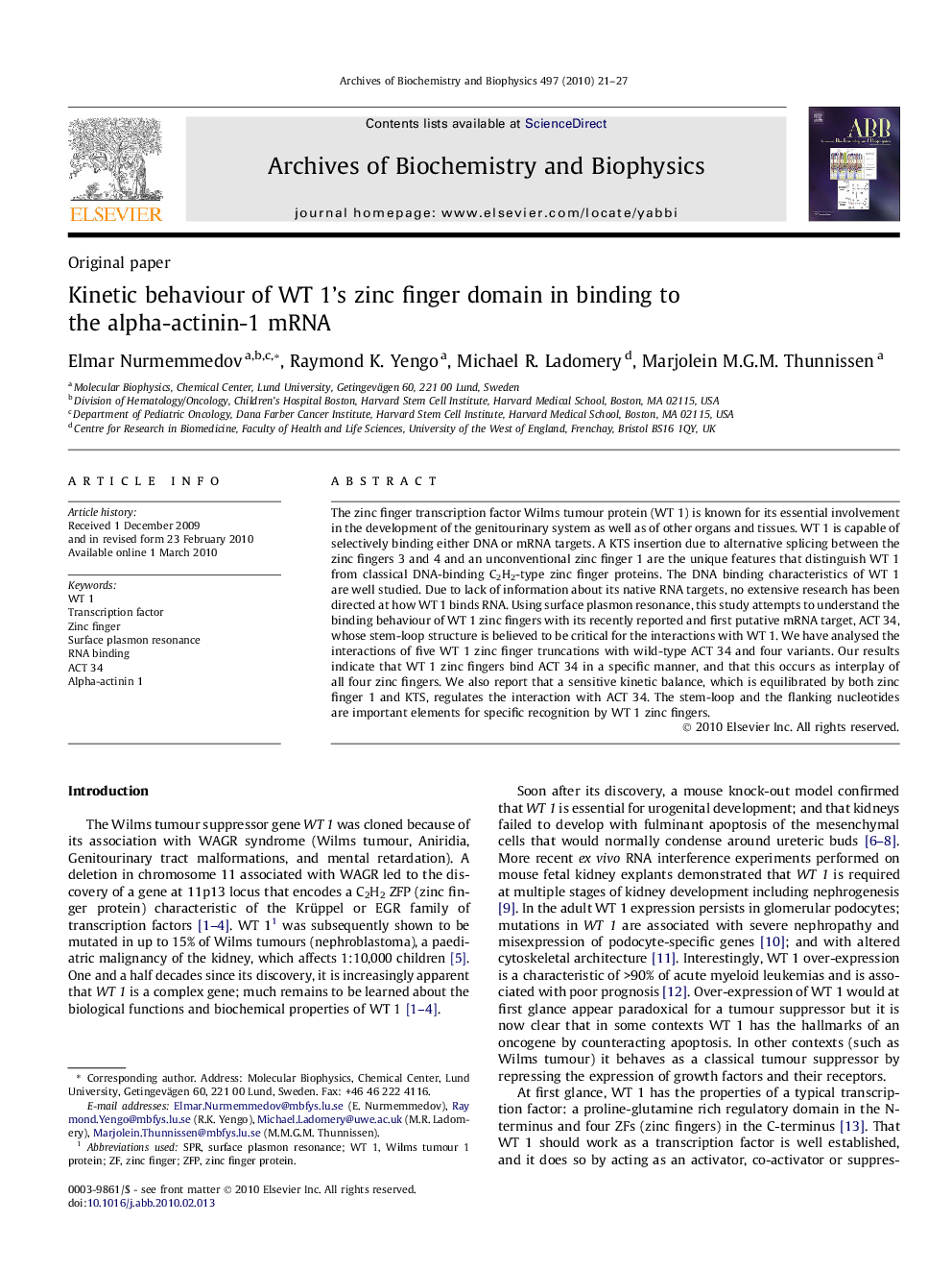 Kinetic behaviour of WT 1’s zinc finger domain in binding to the alpha-actinin-1 mRNA