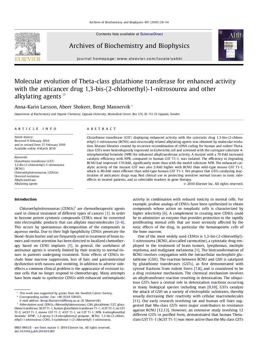 Molecular evolution of Theta-class glutathione transferase for enhanced activity with the anticancer drug 1,3-bis-(2-chloroethyl)-1-nitrosourea and other alkylating agents