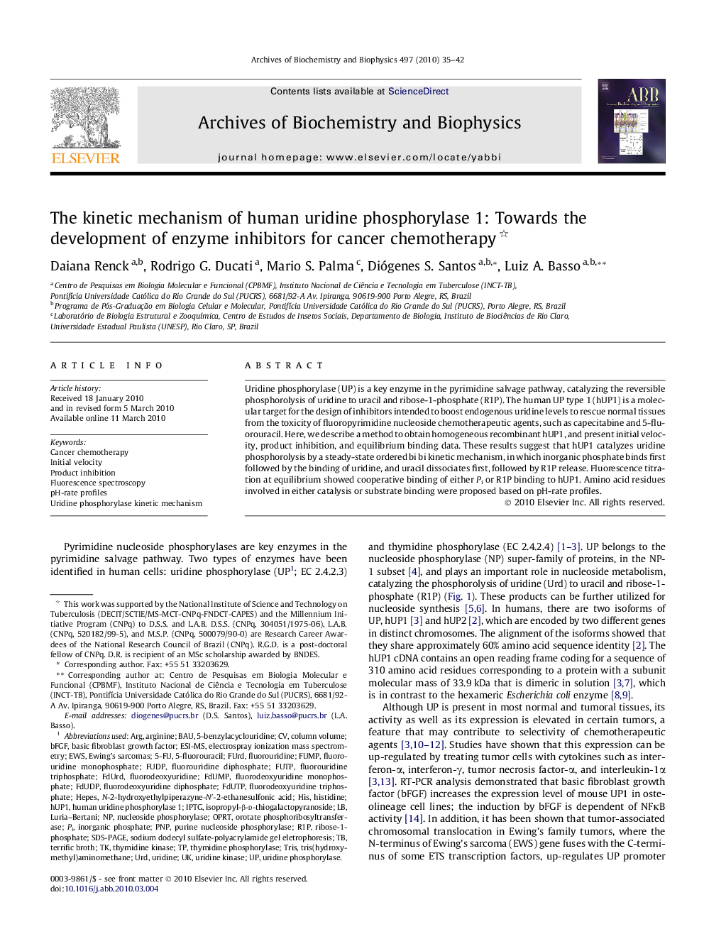 The kinetic mechanism of human uridine phosphorylase 1: Towards the development of enzyme inhibitors for cancer chemotherapy 