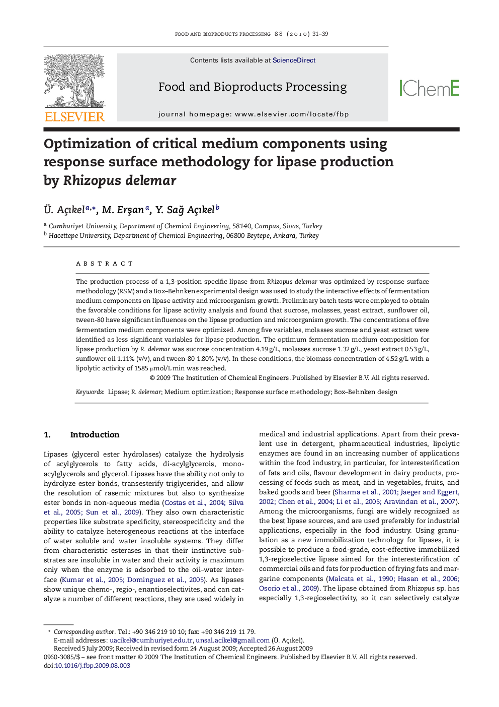 Optimization of critical medium components using response surface methodology for lipase production by Rhizopus delemar