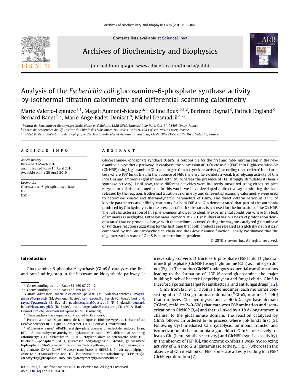 Analysis of the Escherichia coli glucosamine-6-phosphate synthase activity by isothermal titration calorimetry and differential scanning calorimetry